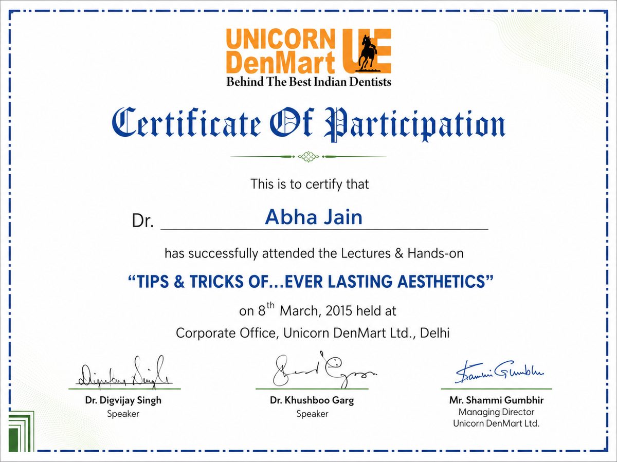 Aesthetic dentistry certificate of participation for Dr. Abha Jain