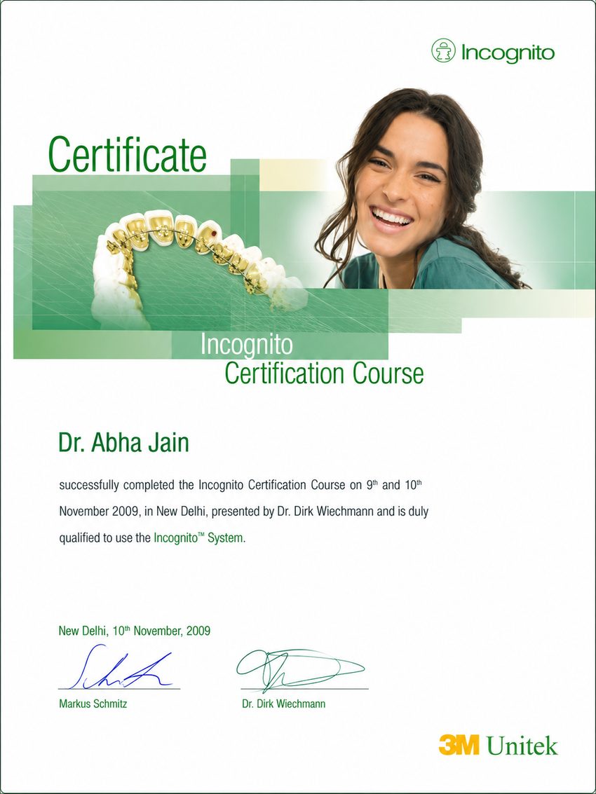 Incognito certification course certificate for Dr. Abha Jain
