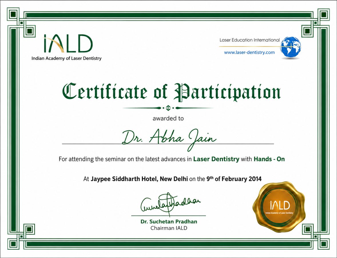 Laser dentistry certificate of participation for Dr. Abha Jain