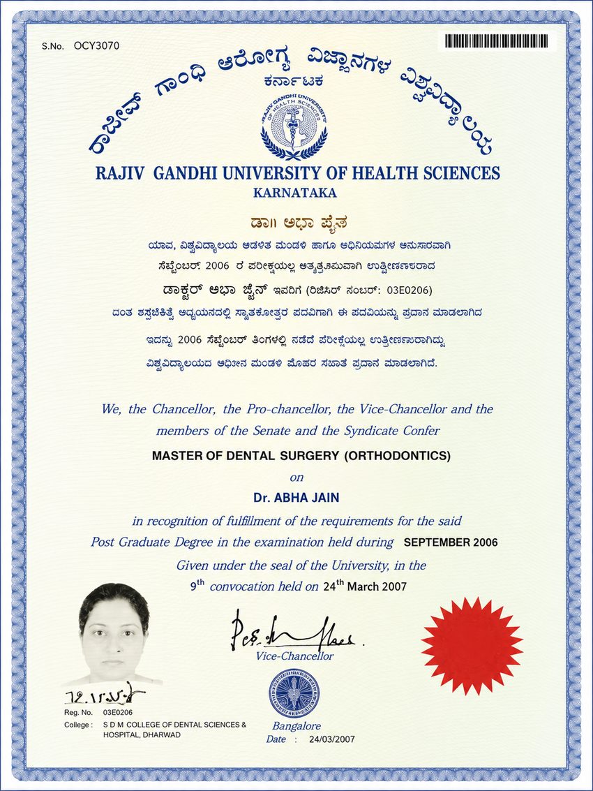 Master of Dental Surgery Orthodontics certificate for Dr. Abha Jain