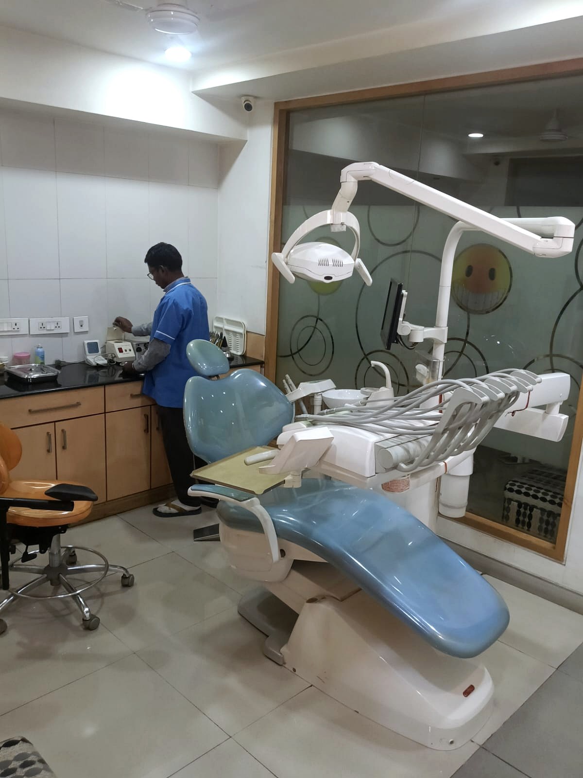 Blue dental chair and orthodontic equipment at Star Orthodontist Clinic
