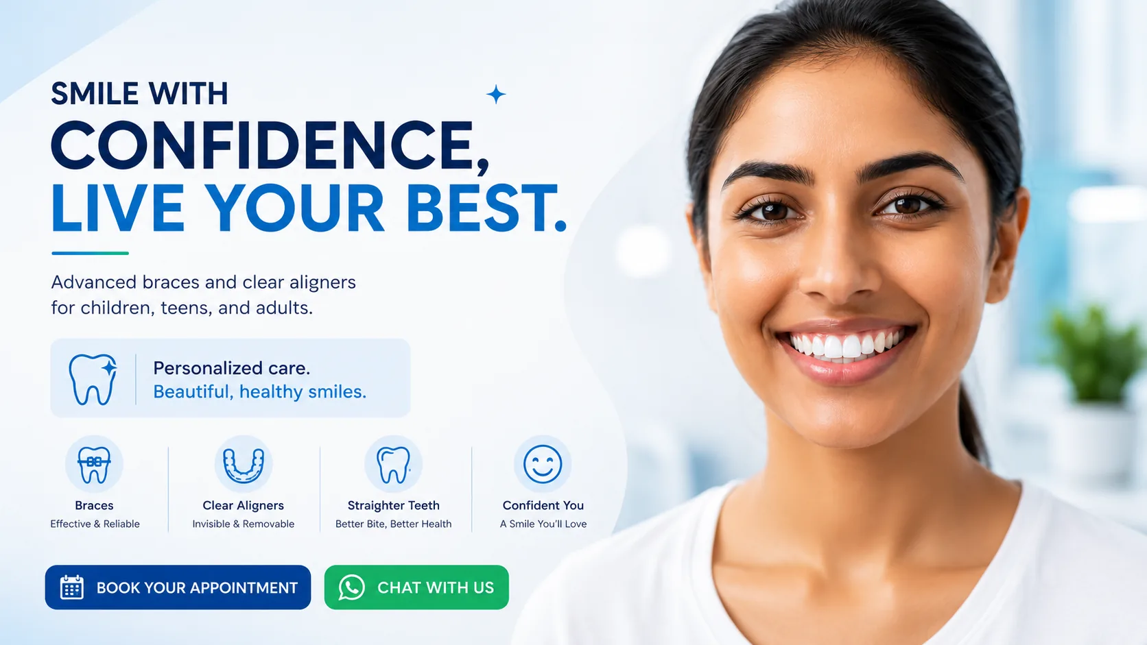 Orthodontic care banner for braces, Invisalign, gap closure, and teeth straightening