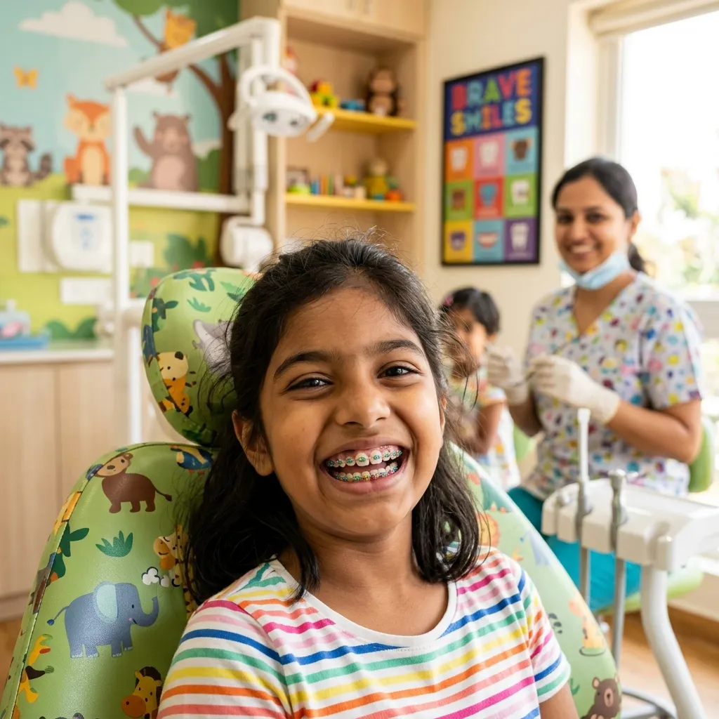 Smiling Indian child showing colorful braces at Star Orthodontist Clinic in Delhi