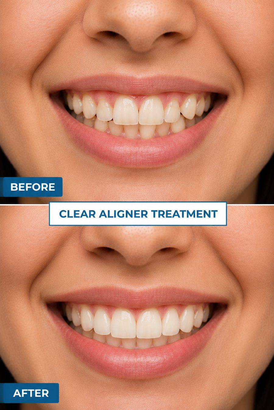 Before and after clear aligner treatment smile transformation